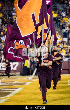 Landover, Maryland, USA. 03rd Sep, 2017. Virginia Tech celebrates during the NCAA football game between the West Virginia Mountaineers and the Virginia Tech Hokies at FedExField in Landover, Maryland. Scott Taetsch/CSM/Alamy Live News Stock Photo