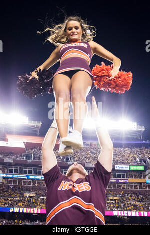 Landover, Maryland, USA. 03rd Sep, 2017. Virginia Tech cheerleaders perform during the NCAA football game between the West Virginia Mountaineers and the Virginia Tech Hokies at FedExField in Landover, Maryland. Scott Taetsch/CSM/Alamy Live News Stock Photo