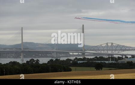 Edinburgh, UK. 04th Sep, 2017. The Red Arrows fly over the Queensferry Crossing during the official opening of the bridge by HM Queen Elizabeth II Credit: Rich Dyson/Alamy Live News Stock Photo
