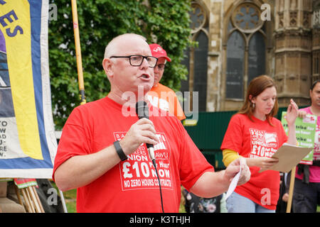 London, England, UK. 4th Sep, 2017. McD Strike UK 2017 demand MacDonald a minmum wages of £10 an hour and no to zero hours at the Parliament yard. Credit: See Li/Alamy Live News Stock Photo