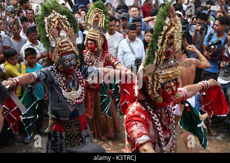 Kathmandu, Nepal. 03rd Sep, 2017. Masked dancers perform during the beginning of Indrajatra festival in Kathmandu, Nepal. Indra Jatra is an eight day festival with a chariot procession dedicated to Goddess Kumari, Lord Ganesh and Bhairav, as well as worshiping Indra, the king of gods. Credit: Archana Shrestha/Pacific Press/Alamy Live News Stock Photo