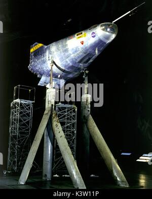 The NASA M2-F2 unpowered prototype wingless lifting body aircraft is mounted for wind-tunnel tests in a full-scale wind tunnel at the Ames Research Center August 17, 1965 in Mountain View, California.  (photo by NASA Photo  via Planetpix) Stock Photo