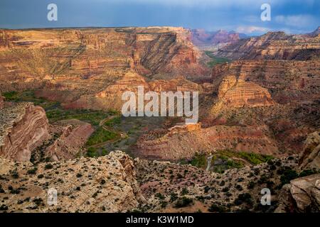 Aerial view from the Wedge Overlook of the valley bellow the canyons at the San Rafael Swell October 8, 2016 in Castle Dale, Utah.  (photo by Bob Wick  via Planetpix) Stock Photo