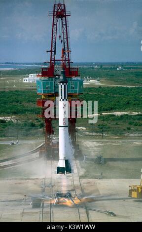 The NASA Mercury-Redstone 3 Freedom 7 rocket launches from the Cape Canaveral Air Force Station with the first American astronaut Alan Shepard May 5, 1961 in Cape Canaveral, Florida.  (photo by NASA Photo via Planetpix) Stock Photo