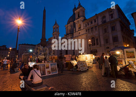 Navona Place, Rome, Lazio, Italy. Blue hour at Navona Place. Stock Photo