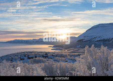 The sun rise over Lapland Door. Bjorkliden, Norbottens Ian, Sweden,Europe Stock Photo