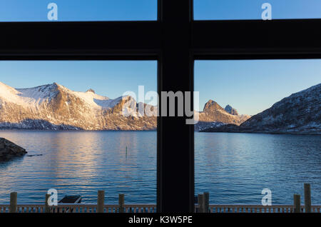 View of Mefjorden from a house overlooking the fjord. Mefjordvaer, Mefjorden, Senja, Norway, Europe. Stock Photo