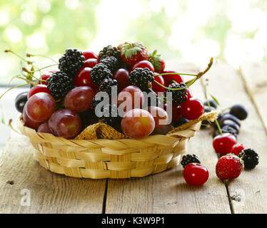 summer harvest of berries - raspberries, strawberries, grapes