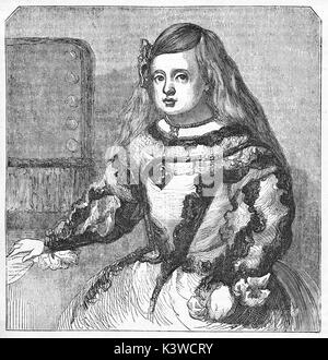 Old engraved portrait of Infanta Margarita (Margaret-Teresa of Spain) after painture of Diego Velazquez. By unidentified author after Velazquez, published on Magasin Pittoresque, Paris, 1841 Stock Photo