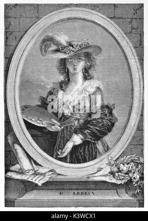 Old engraved self-portrait in a straw hat of Madame Lebrun (Louise Elisabeth Vigée Le Brun, 1755 – 1842), French painter. After herself, published on Magasin Pittoresque, Paris, 1841 Stock Photo