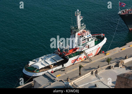 The rescue ship Open Arms, operated by the Spanish NGO Proactiva Open Arms, in Malta's Grand Harbour Stock Photo