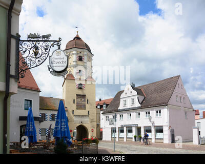 square Stadtplatz, city gate Oberes Tor (Upper Gate), Aichach, Schwaben, Swabia, Bayern, Bavaria, Germany Stock Photo