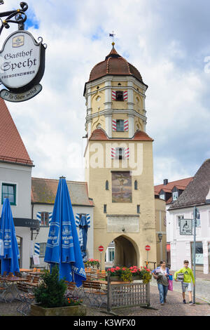 square Stadtplatz, city gate Oberes Tor (Upper Gate), Aichach, Schwaben, Swabia, Bayern, Bavaria, Germany Stock Photo