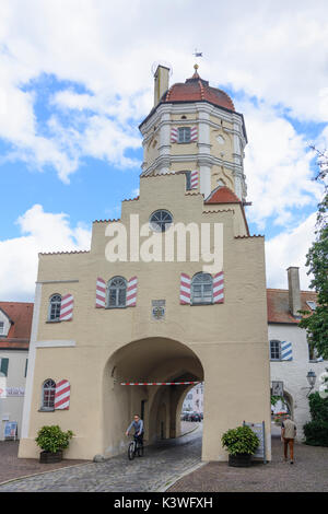 square Stadtplatz, city gate Oberes Tor (Upper Gate), Aichach, Schwaben, Swabia, Bayern, Bavaria, Germany Stock Photo