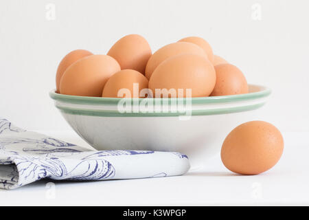 raw chicken eggs in white bowl Stock Photo