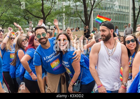 Montreal, CANADA - 20 August 2017: People smiling and posing for the camera at Montreal Gay Pride Parade Stock Photo