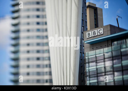 Regeneration docks at MediaCityUk at Salford Quays Gtr Manchester, BBC studios and offices on the waterfront Stock Photo