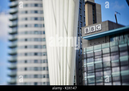 Regeneration docks at MediaCityUk at Salford Quays Gtr Manchester, BBC studios and offices on the waterfront Stock Photo