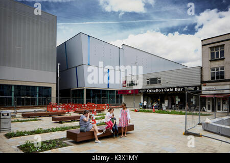 Landmark Stockport Town Centre Cheshire in gtr Manchester St Princess Street looking at the new modern RedRock Shopping Centre Stock Photo