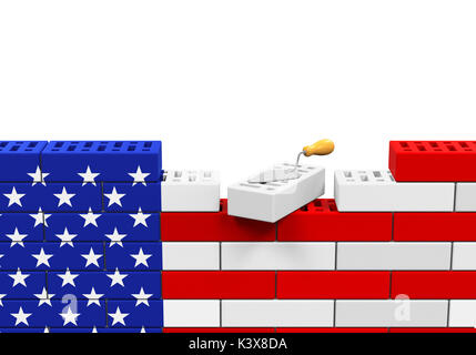 American Flag Brick Wall and Trowel Brick Stock Photo