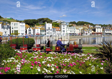 Hastings, UK. Miniature train on the seafront railway, on the promenade by the boating lake. Hastings Old Town seafront, East Sussex, England, UK, GB Stock Photo