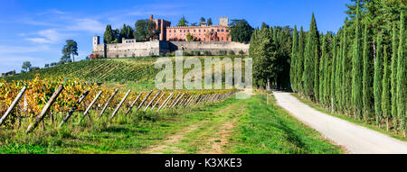 Scenic countryside and landscape of Tuscany - golden autumn vineyards. Castello di Brolio. Italy Stock Photo