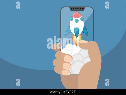 Cartoon rocket launching from frameless touchscreen with smoke. Vector illustration of hand holding modern bezel free smartphone.