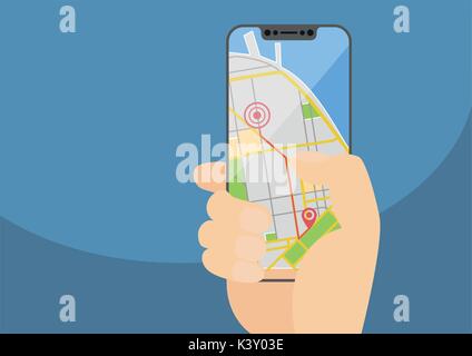 Mobile GPS navigation and routing concept with hand holding modern bezel-free smartphone. Vector illustration with frameless touchscreen displaying a Stock Vector
