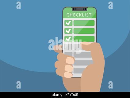 Hand holding bezel-free smartphone with green checklist as concept for mobile and online todo lists. Vector illustration with frameless touchscreen Stock Vector
