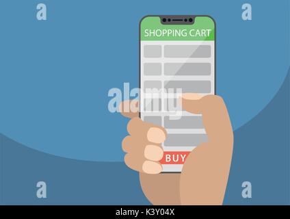 Hand holding bezel-free smart phone with shopping cart list as concept of online shopping. Vector illustration with frameless touchscreen displaying b Stock Vector