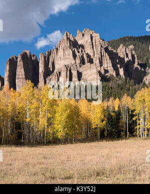 High Mesa Pinnacles in Cimarron Valley Colorado. Early Fall with approaching storm. Stock Photo