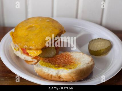 Veggie cheeseburger with pickles and ketchup Stock Photo