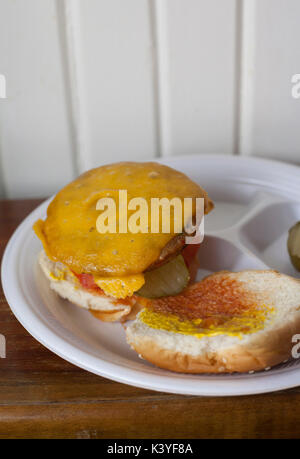Veggie cheeseburger with pickles and ketchup Stock Photo