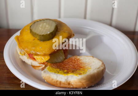 Veggie cheeseburger with pickles and ketchup Stock Photo