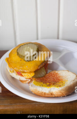 Veggie cheeseburger with pickles and ketchup Stock Photo