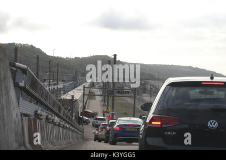 Driving on to the Eurotunnel Train, Folkestone, Kent, England, UK Stock Photo