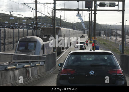 Driving on to the Eurotunnel Train, Folkestone, Kent, England, UK Stock Photo