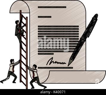 businessman climbing wooden stairs in a big contract document with pen and firm in pencils colored silhouette Stock Vector