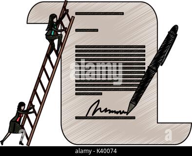 businesswoman climbing wooden stairs in a big contract document with pen and firm in pencils colored silhouette Stock Vector