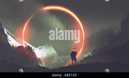 man standing in front of red light circle, digital art style, illustration painting Stock Photo