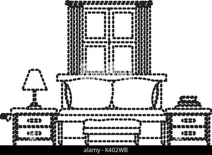 bedroom with sofa bed window in the night landscape dotted silhouette on white background Stock Vector
