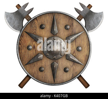 medieval round shield and crossed axes isolated 3d illustration Stock ...