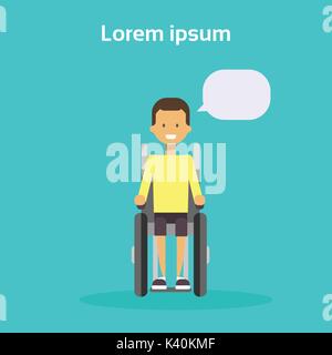 Young Man On Wheel Chair Happy Male Disabled Smiling Sit On Wheelchair Disability Concept Stock Vector