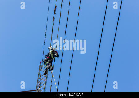 Electricians high up suspended on electrical steel tower installing new high voltage electricity power lines. Stock Photo