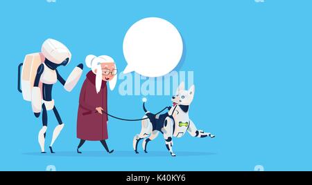 Senior Woman Walking With Robots Dog Chat Bubble Modern Grandmother Lady Stock Vector