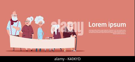 Group Of Senior People Holding Empty Banner With Copy Space Modern Grandfather And Grandmother Full Length Stock Vector