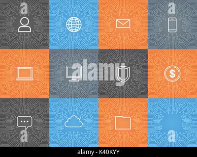 User Internet Icons Set Over Computer Chip Moterboard Background Stock Vector