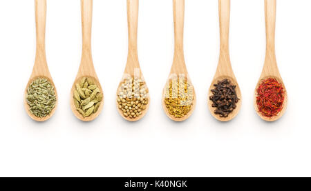 Wooden Spoon filled with various spices on white background Stock Photo