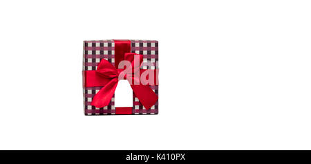 Plaid Pattern Gift Box With Beige Ribbon Bow And Blank Greeting Card  Isolated On White Background With Copy Space Just Add Your Own Text Use For  Christmas And New Year Festival Stock