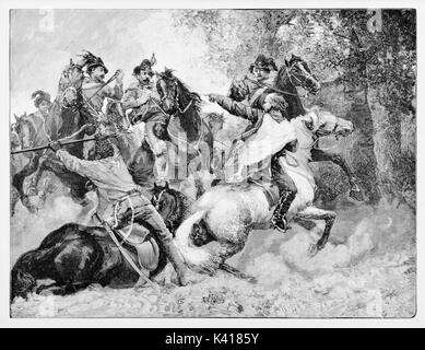 Ancient soldiers running on their horses. Garibaldi and Anghiar directing cavalry against Bourbons troops near Velletri Italy. By E. Matania published on Garibaldi e i Suoi Tempi Milan Italy 1884 Stock Photo